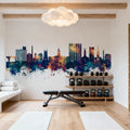 Stockport England Skyline Blue & Bronze Mural Wallpaper - room preview 03