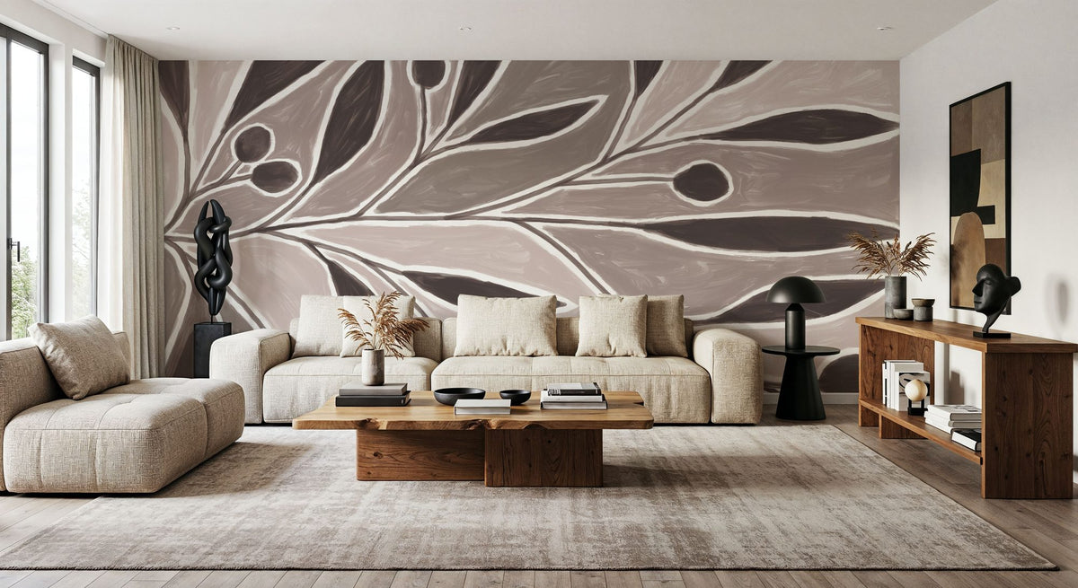 Modern Leaf Neutral Mural Wallpaper - room preview 03