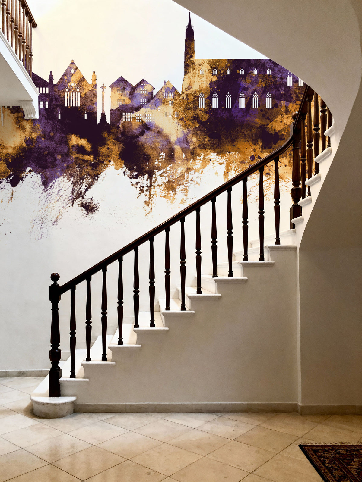 Tewkesbury England Skyline Purple & Gold Mural Wallpaper - room preview 03