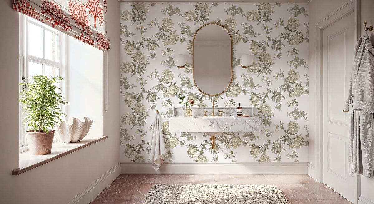 Peony Passion, Khaki on White Mural Wallpaper - room preview 03