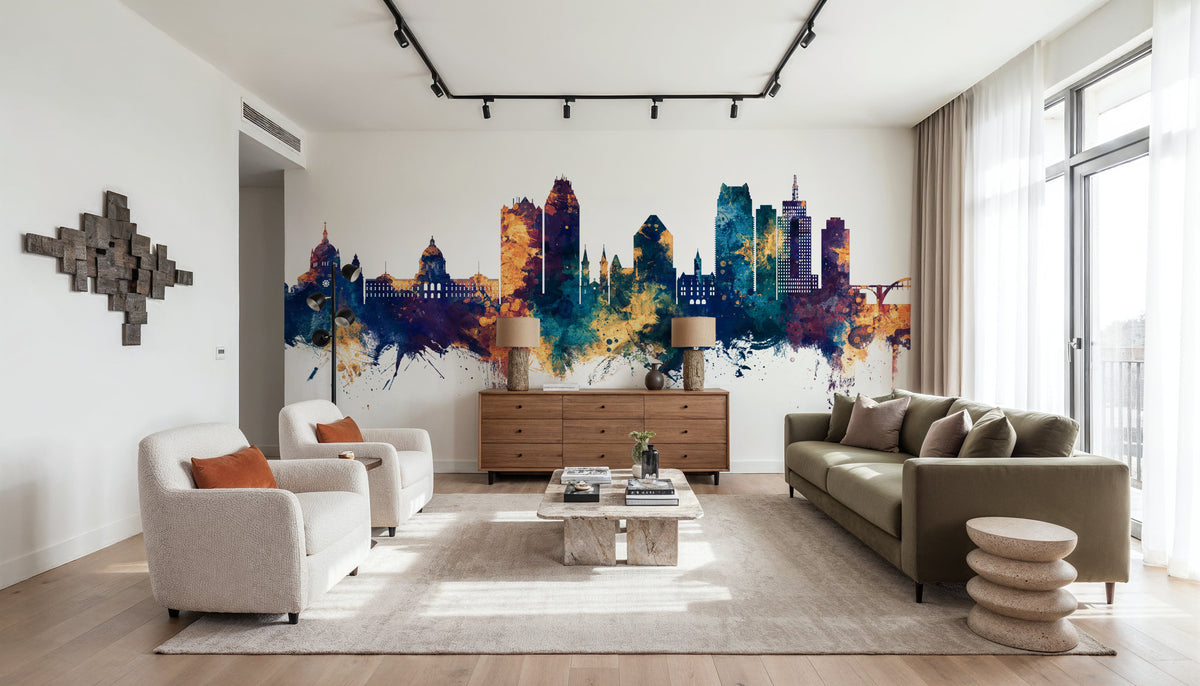 Saint Paul Minnesota Skyline Blue & Bronze Mural Wallpaper - room preview 03