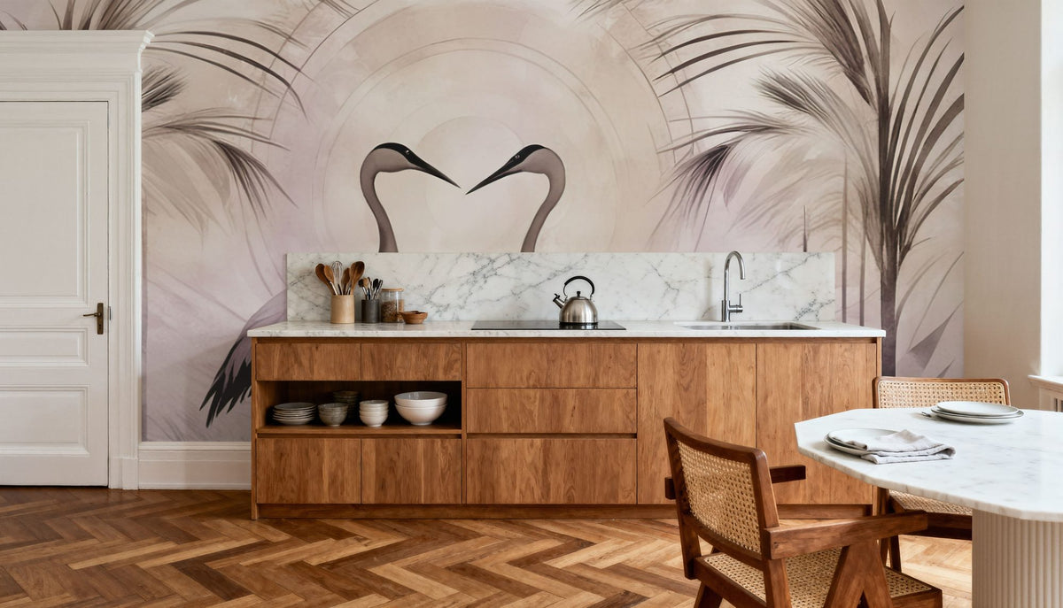 Cranes At Sunset Pink Mural Wallpaper - room preview 03