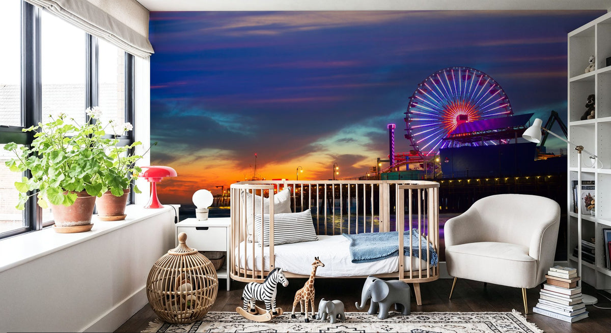 Santa Monica Pier Sunset Purple Mural Wallpaper - room preview 03