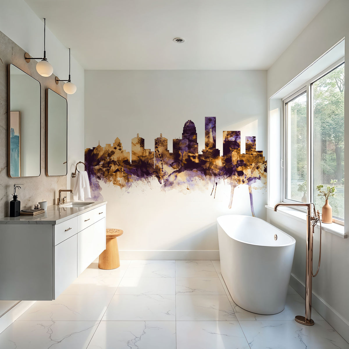 Louisville Kentucky Skyline Purple & Gold Mural Wallpaper - room preview 03