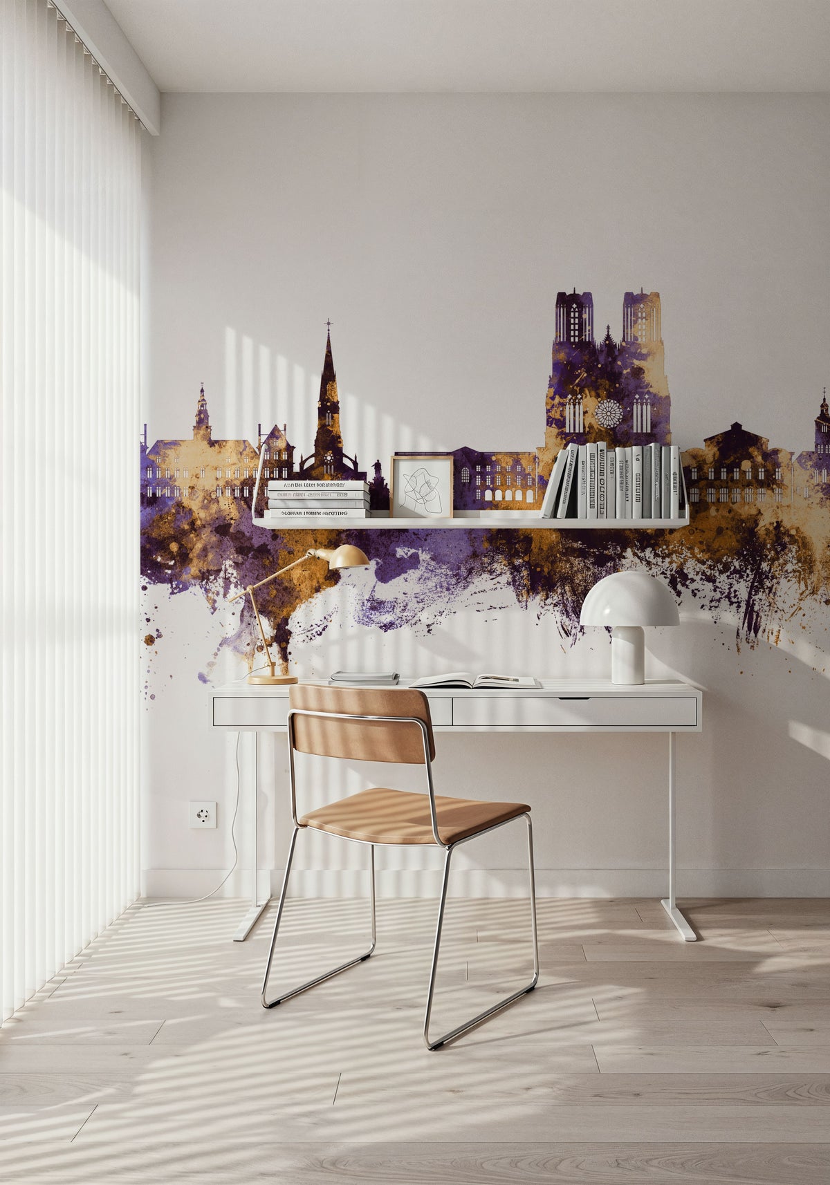 Reims France Skyline Purple & Gold Mural Wallpaper - room preview 03