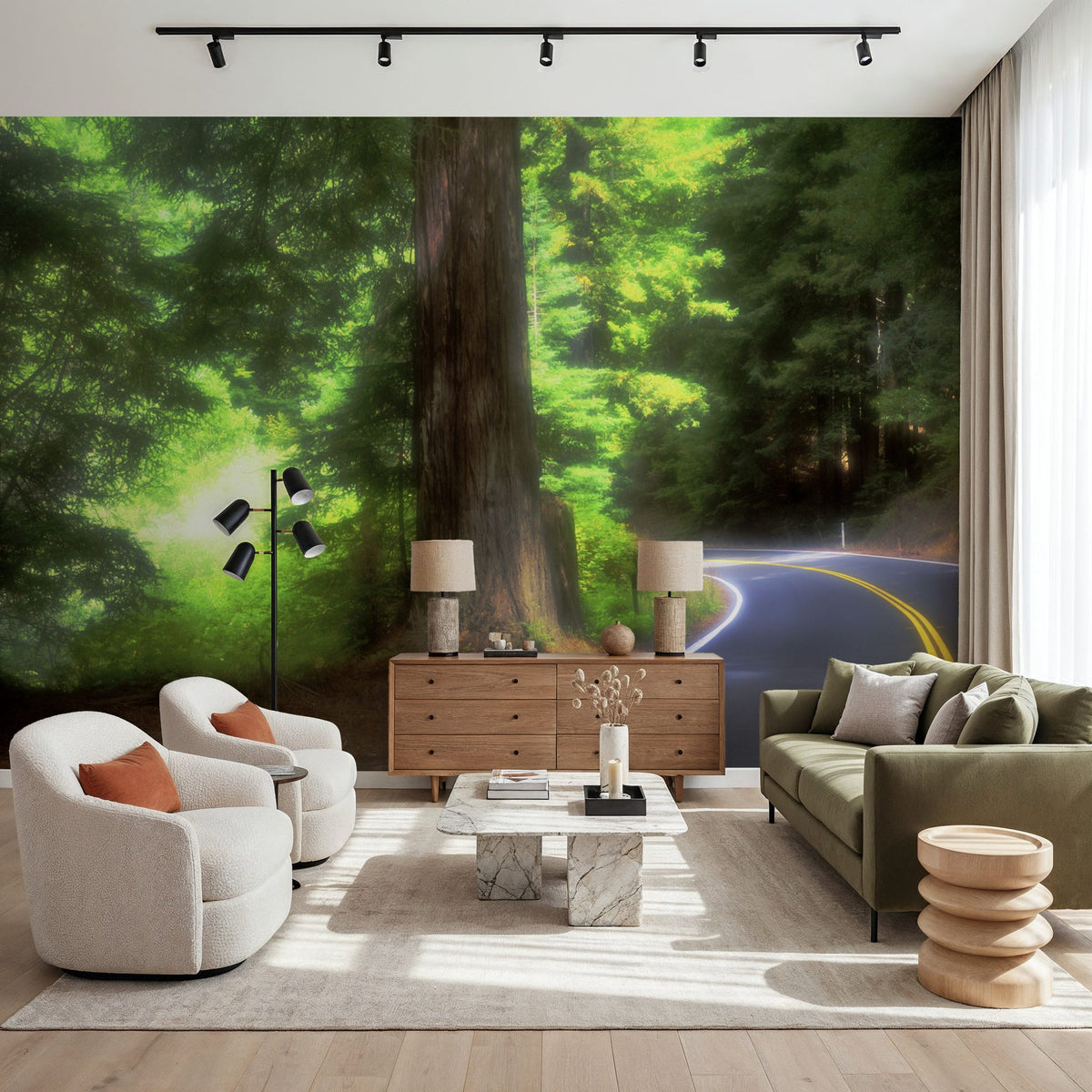 Sunlit Forest Path Mural Wallpaper - room preview 03