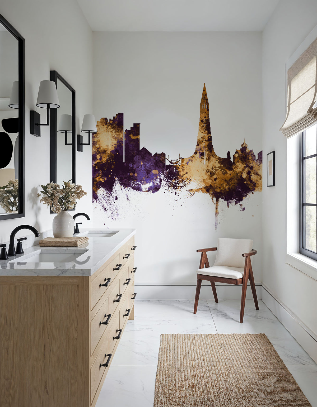 Reykjavík Skyline Purple & Gold Mural Wallpaper - room preview 03