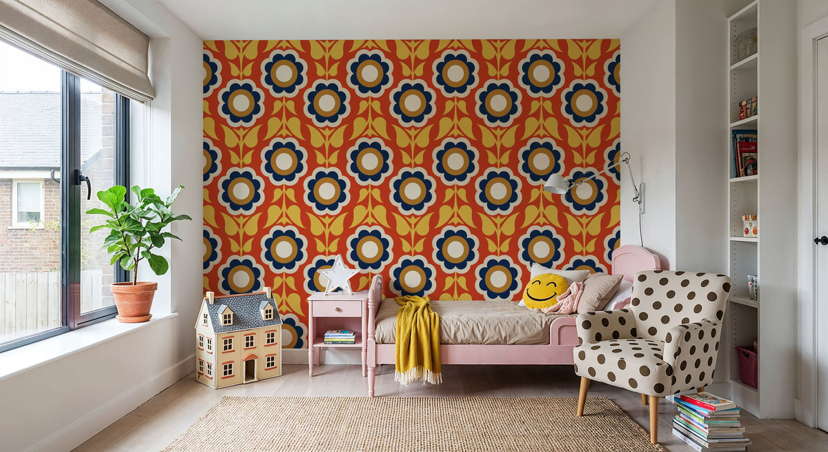 Retro Bold Blooms, Autumn Mural Wallpaper - room preview 03