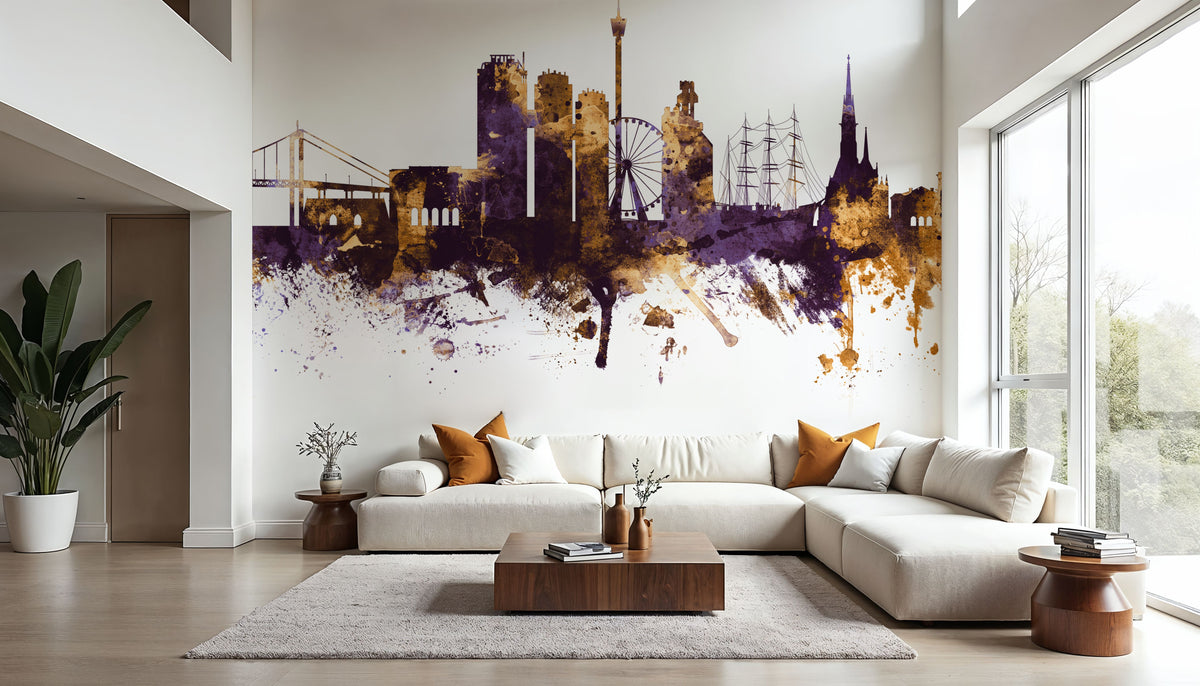 Gothenburg Skyline Purple & Gold Mural Wallpaper - room preview 03