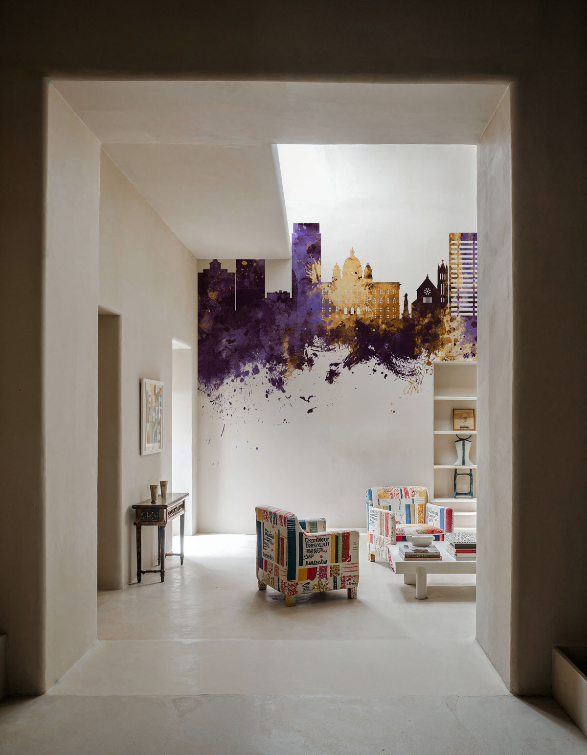Syracuse New York Skyline Purple & Gold Mural Wallpaper - room preview 03