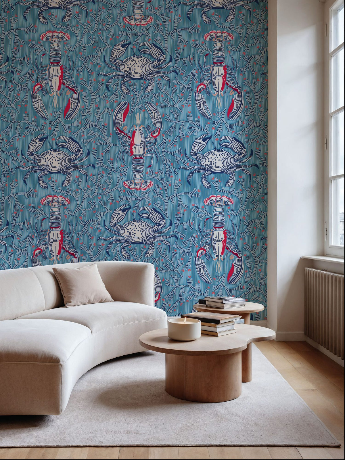 Lobster and Crab Coastal Nostalgia, Blue Mural Wallpaper - room preview 03