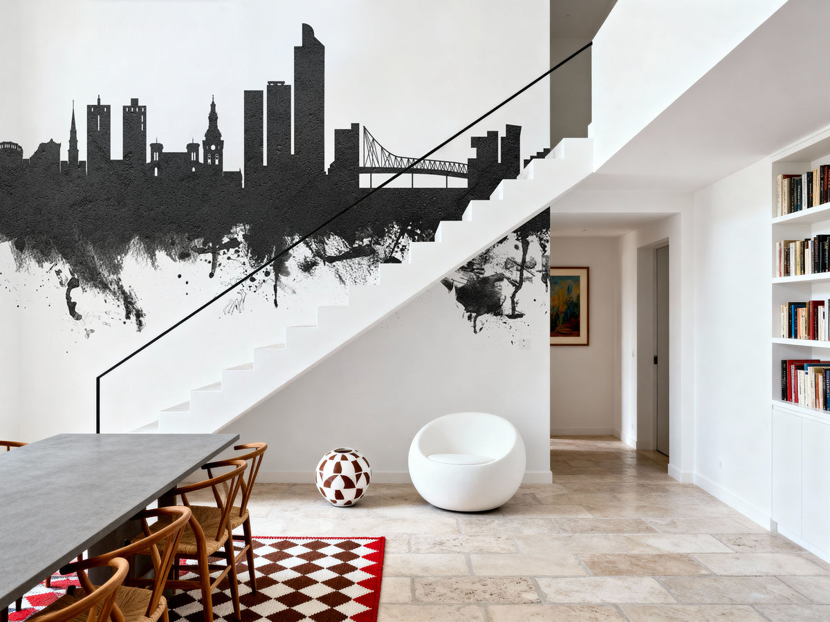 Oslo Skyline Black & White Mural Wallpaper - room preview 03