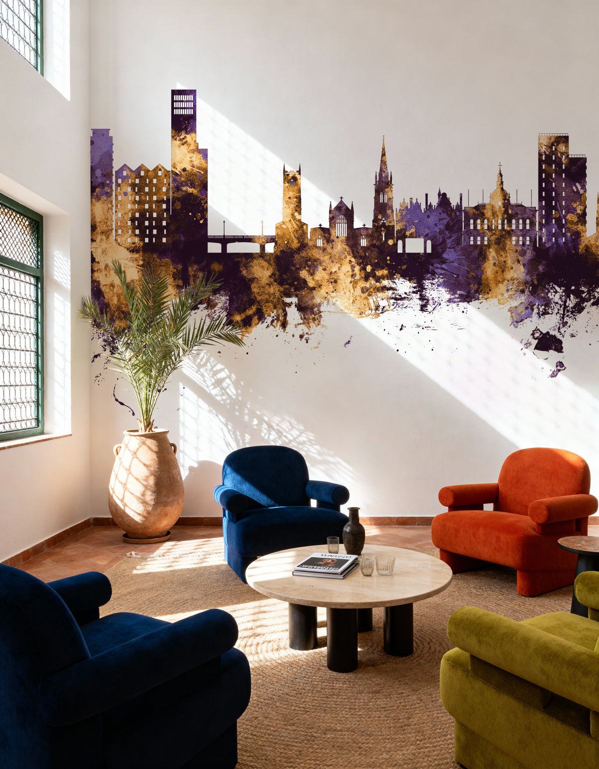 Ipswich England Skyline Purple & Gold Mural Wallpaper - room preview 03