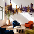 Ipswich England Skyline Purple & Gold Mural Wallpaper - room preview 03