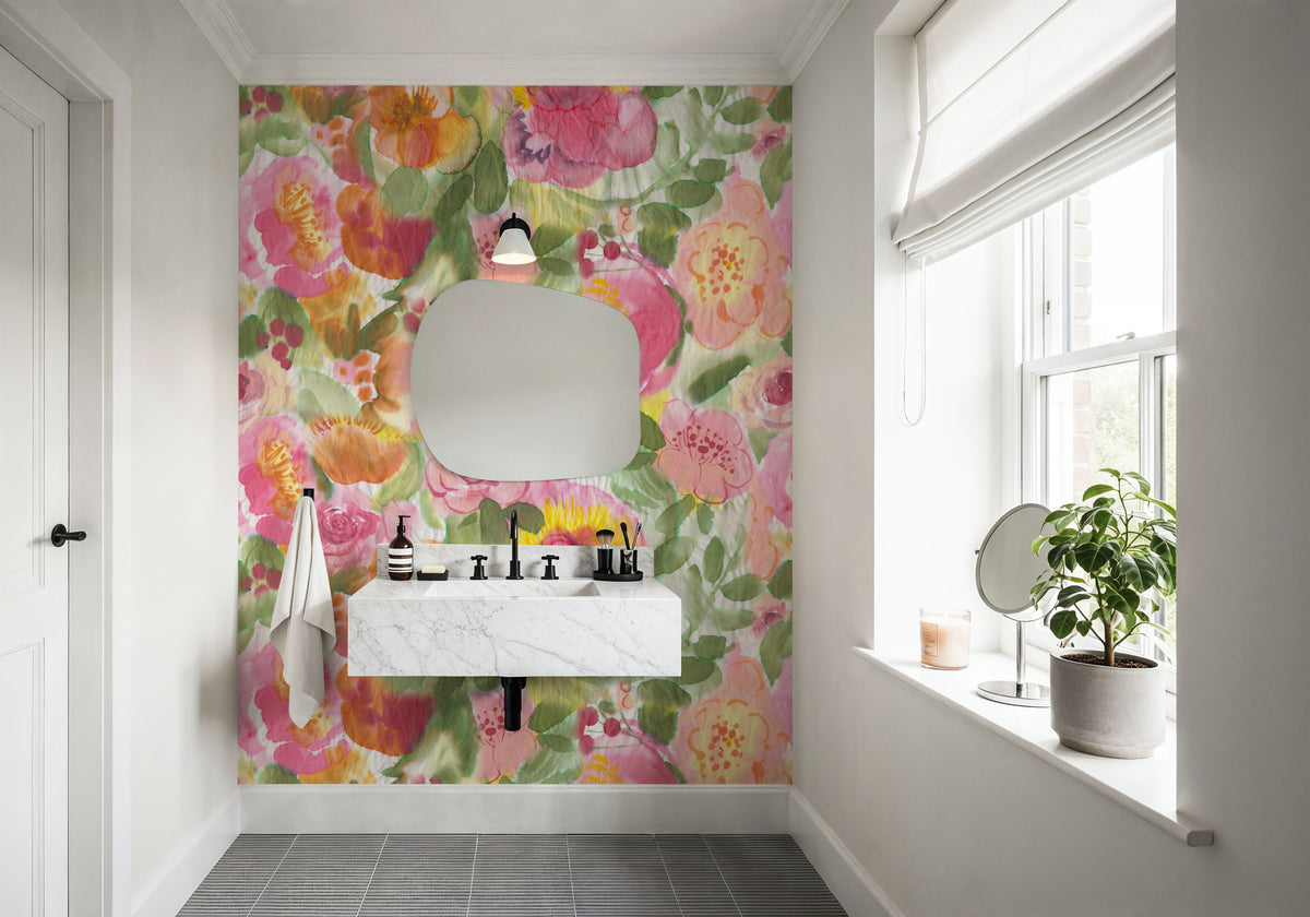 Colourful Watercolor Painted Floral Mural Wallpaper - room preview 03