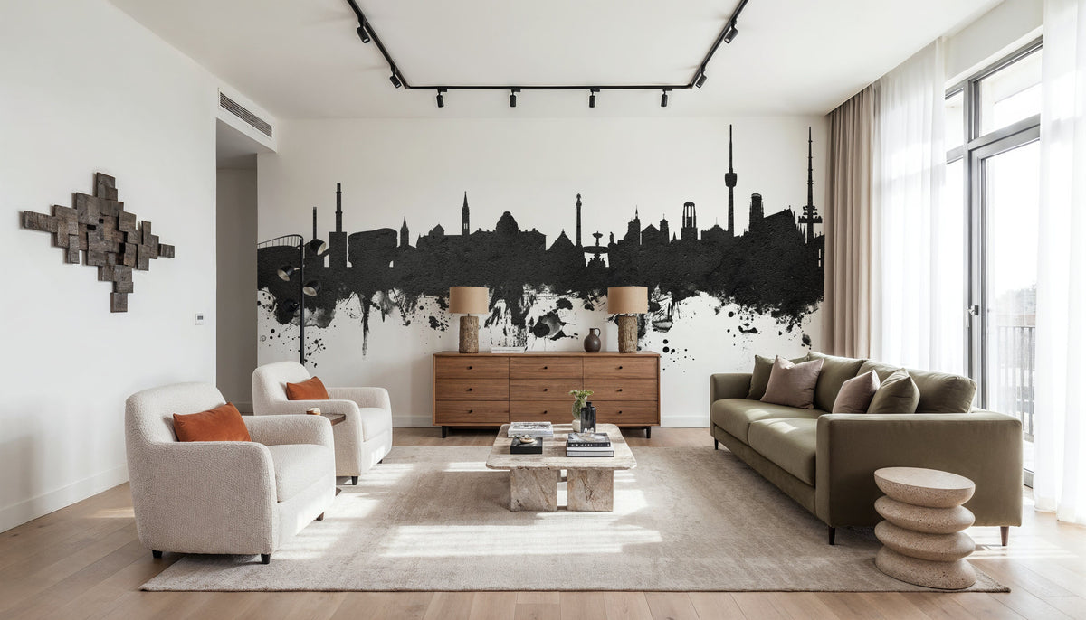 Stuttgart Germany Skyline Black & White Mural Wallpaper - room preview 03