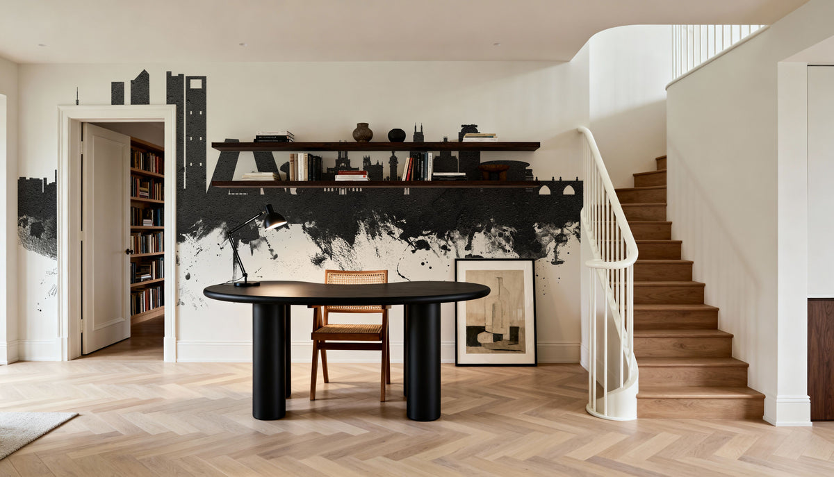 Madrid Skyline Black & White Mural Wallpaper - room preview 03