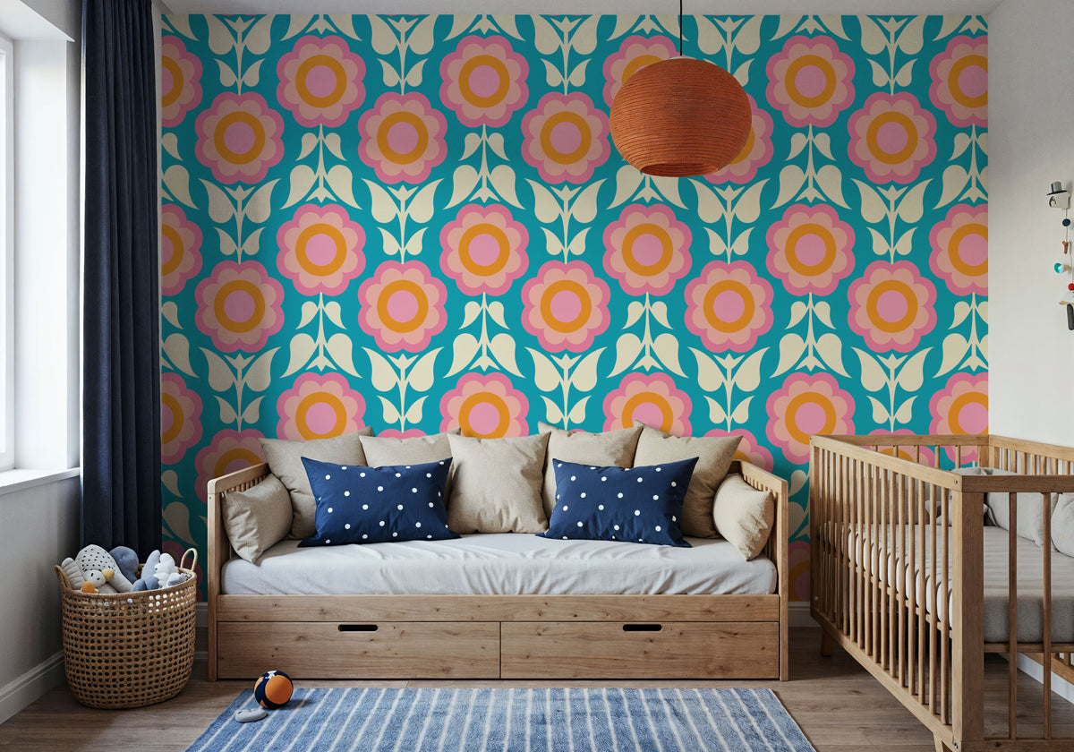 Retro Bold Blooms, Pastel Mural Wallpaper - room preview 03