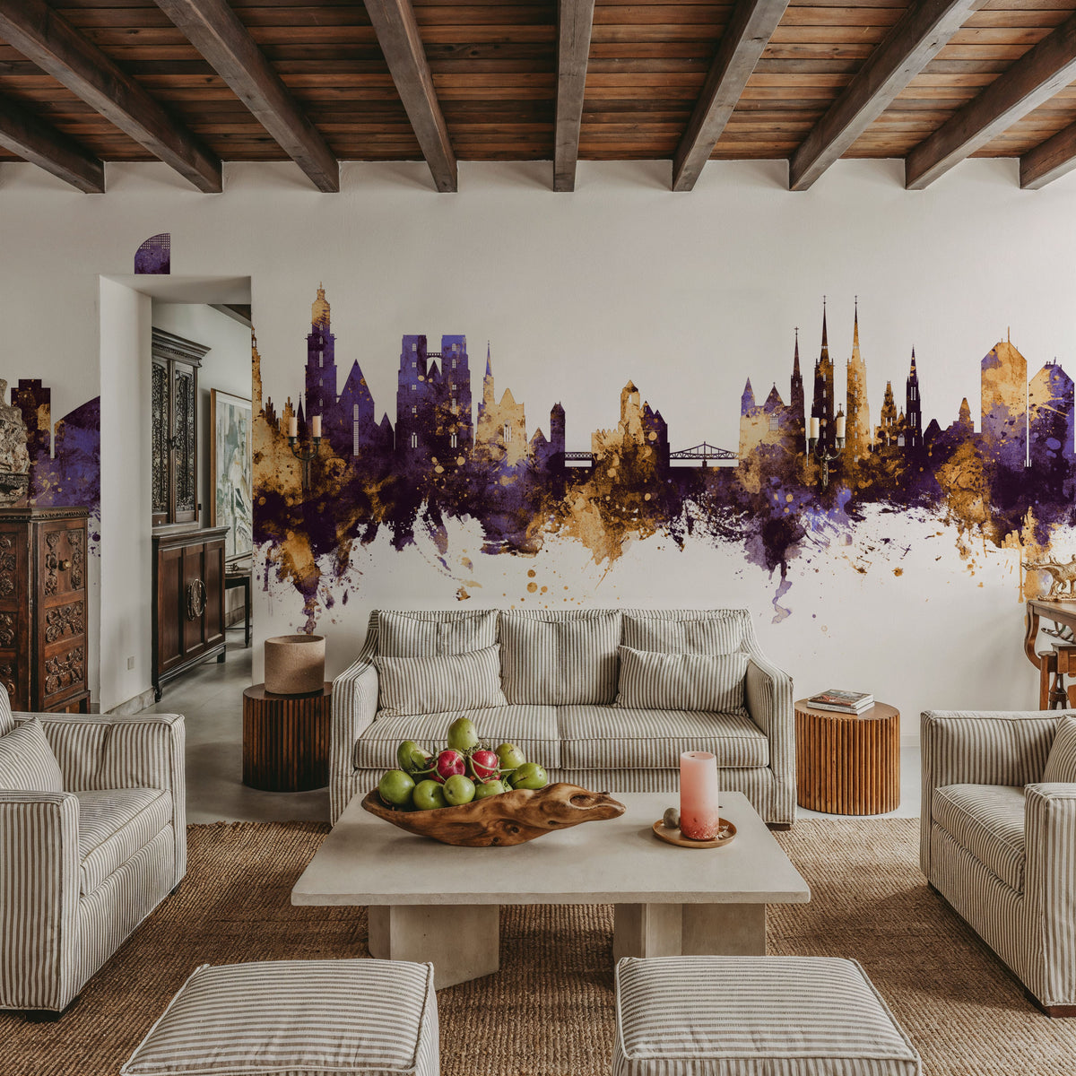 Wroclaw Poland Skyline Purple & Gold Mural Wallpaper - room preview 03