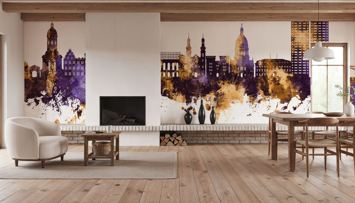 Mainz Germany Skyline Purple & Gold Mural Wallpaper - room preview 03