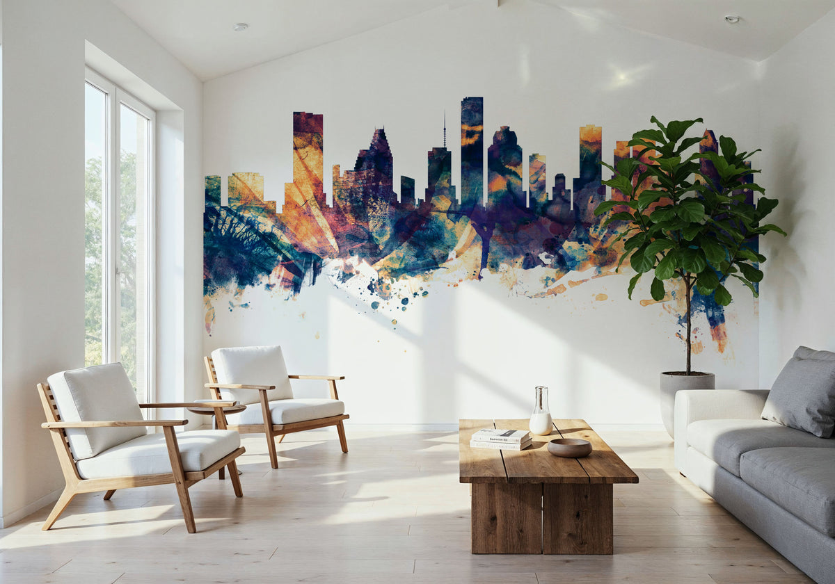 Houston Skyline Blue & Bronze Mural Wallpaper - room preview 03