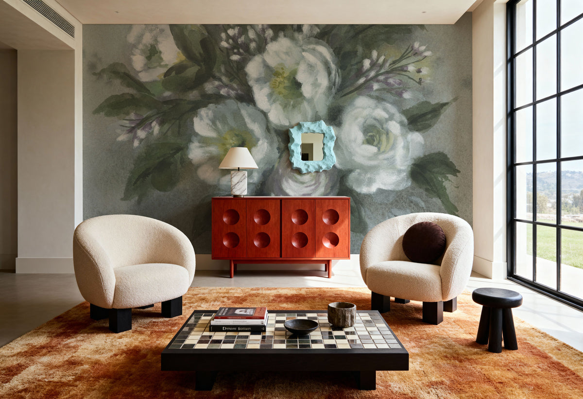 White Floral Vase Mural Wallpaper - room preview 03