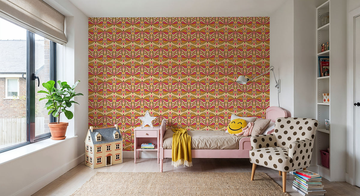 Retro Bold Butterflies, Orange Mural Wallpaper - room preview 03