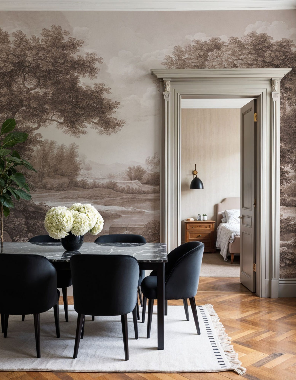 Riverbank Oak Landscape, Sepia Mural Wallpaper - room preview 03