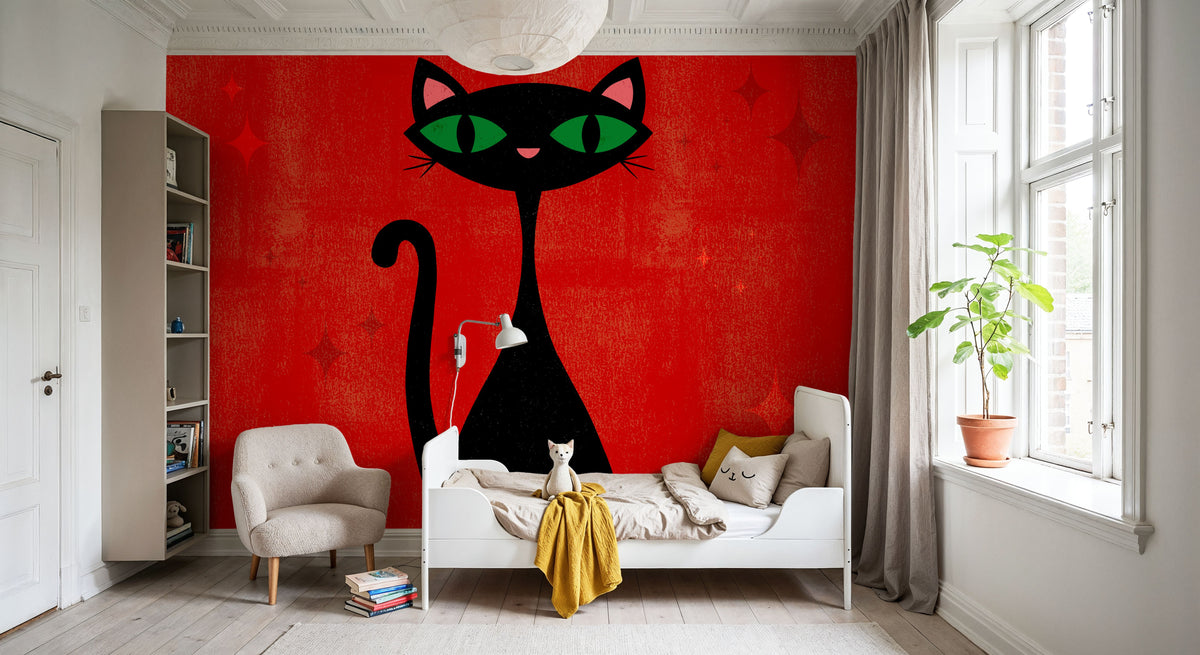 Retro Cat, Red Mural Wallpaper - room preview 03