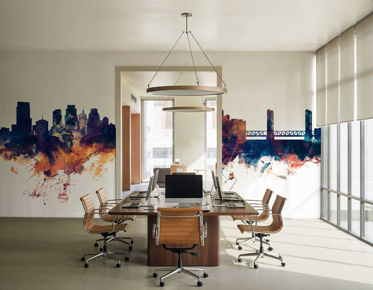Sacramento California Skyline Blue & Bronze Mural Wallpaper - room preview 03
