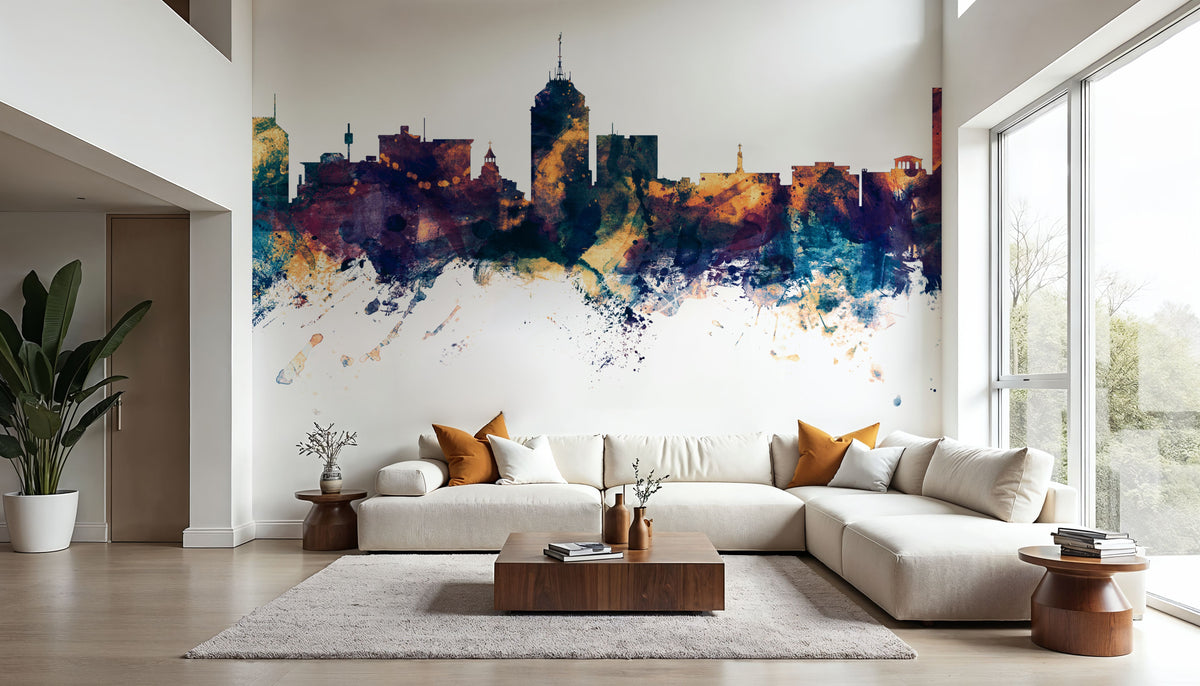 Fresno California Skyline Blue & Bronze Mural Wallpaper - room preview 03