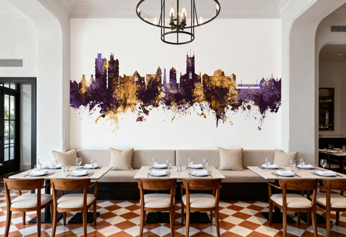 Stoke-on-Trent Skyline Purple & Gold Mural Wallpaper - room preview 03