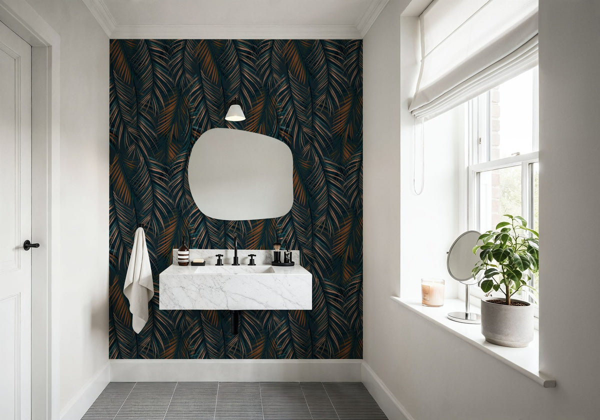 Swaying Palm Leaves, Teal Mural Wallpaper - room preview 03