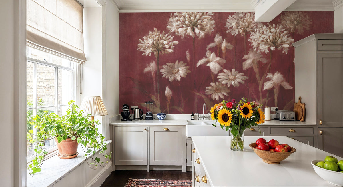 Garden Flowers on Burgundy Mural Wallpaper - room preview 03