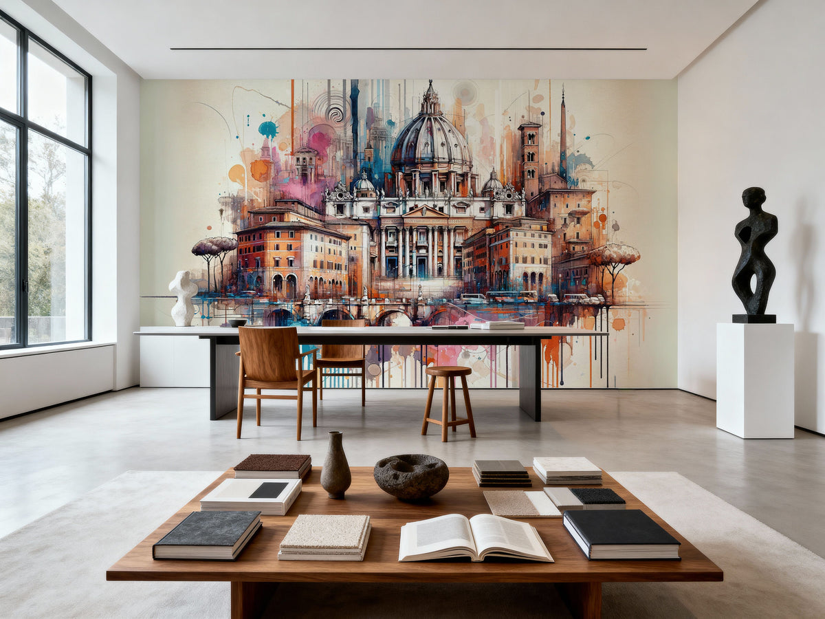 Watercolor Rome Skyline Mural Wallpaper - room preview 03