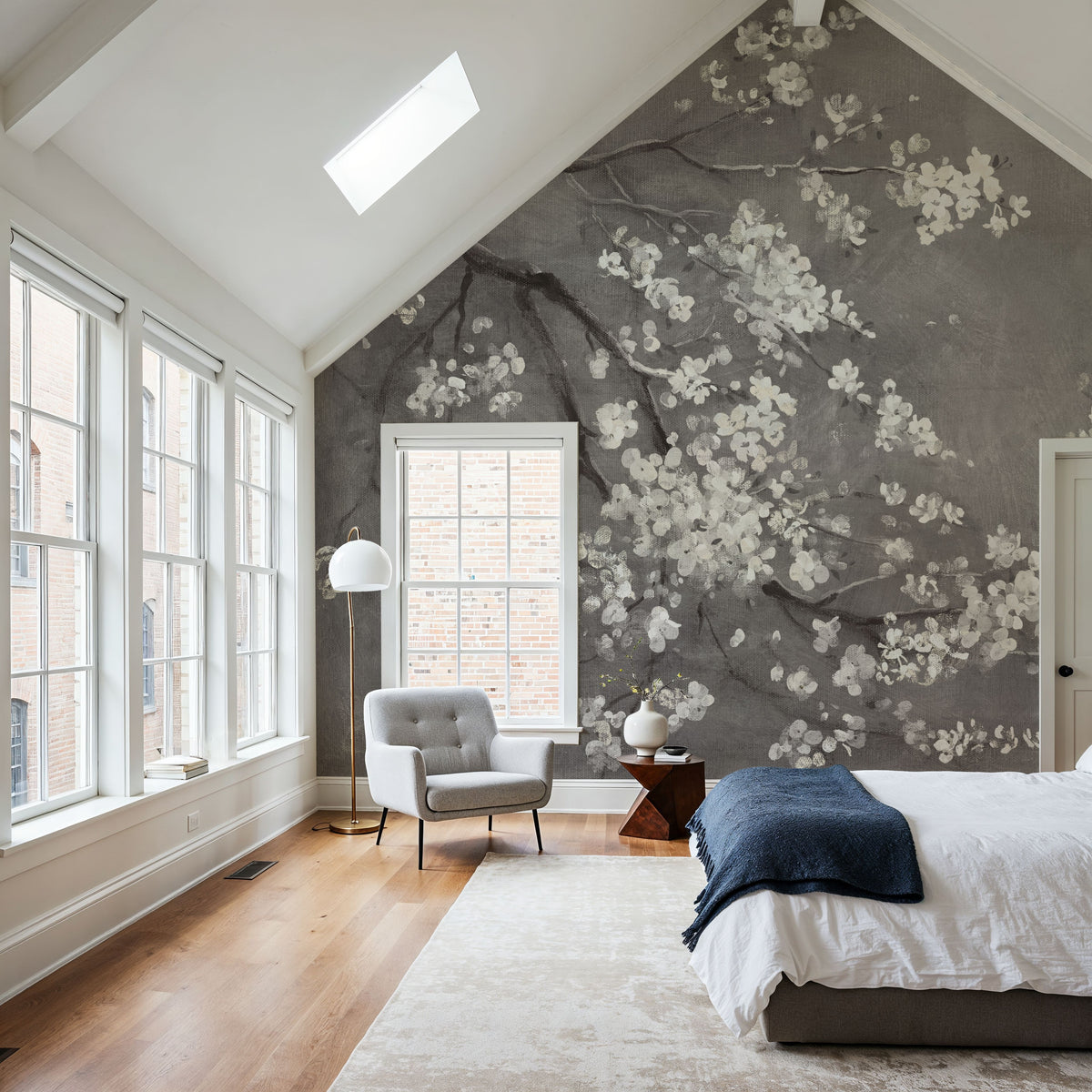 White Cherry Blossoms I on Grey Mural Wallpaper - room preview 03