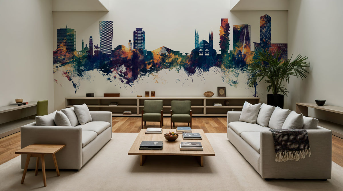 Tirana Skyline Blue & Bronze Mural Wallpaper - room preview 03