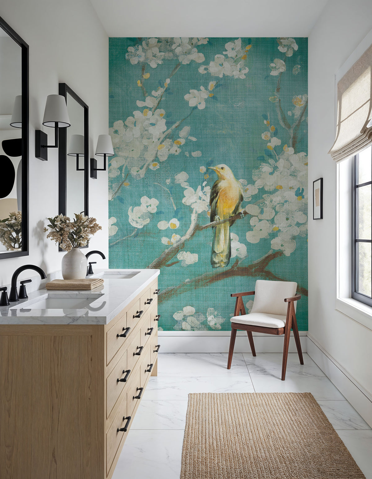 White Cherry Blossoms I on Blue Aged Mural Wallpaper - room preview 03