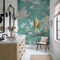 White Cherry Blossoms I on Blue Aged Mural Wallpaper - room preview 03