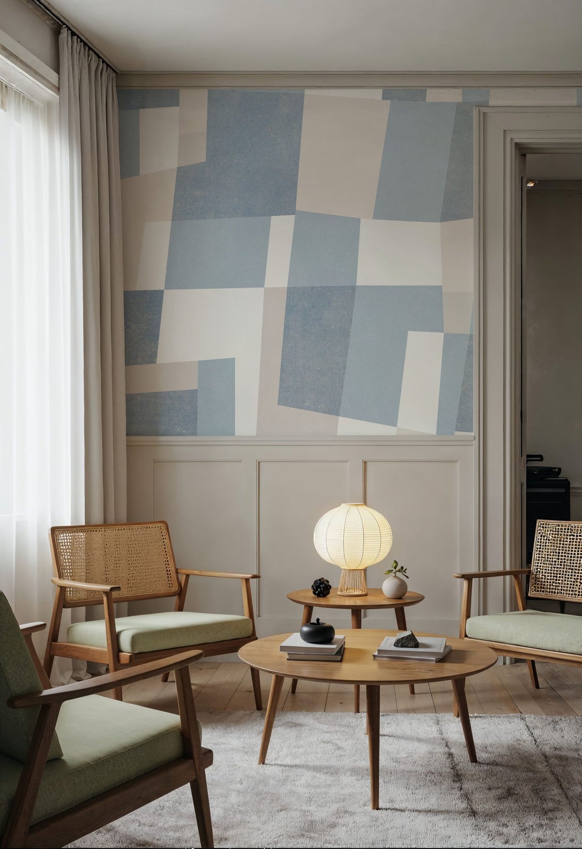 Geometric Wallpaper Mural – Pattern Wall Mural – Abstract Fields, MIneral Blue wall measurement