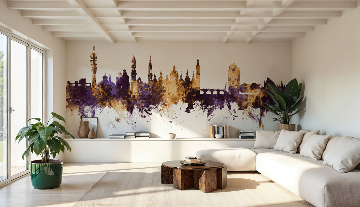 Zaragoza Spain Skyline Purple & Gold Mural Wallpaper - room preview 03