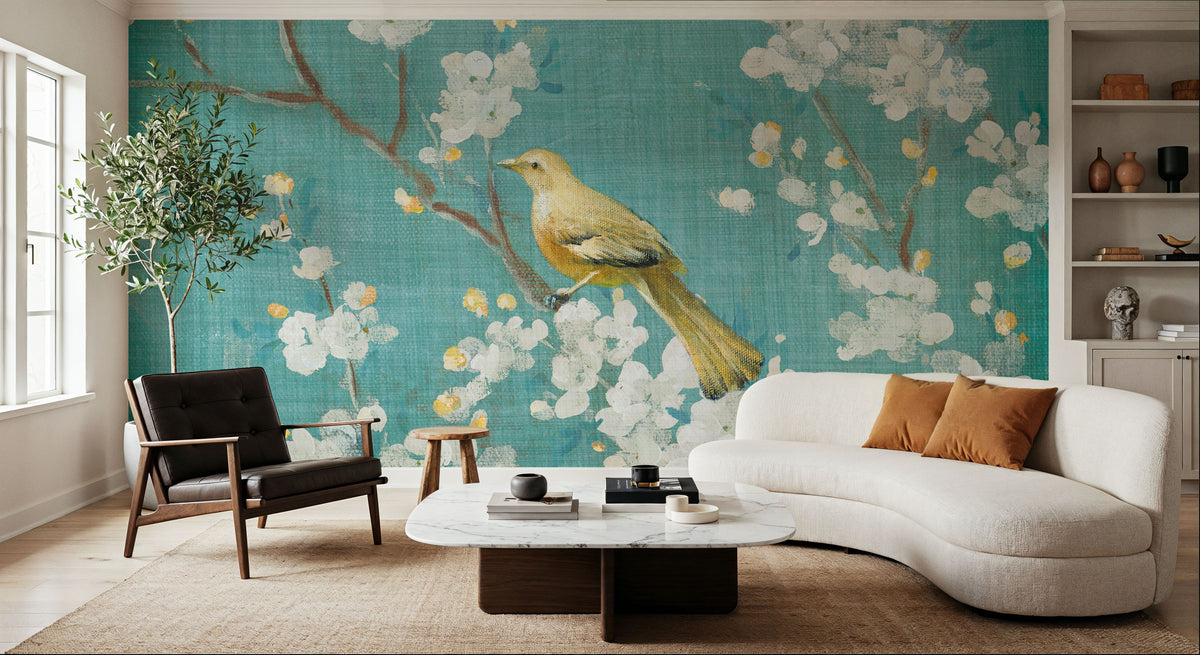 White Cherry Blossoms II on Blue Aged Mural Wallpaper - room preview 03
