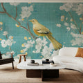 White Cherry Blossoms II on Blue Aged Mural Wallpaper - room preview 03