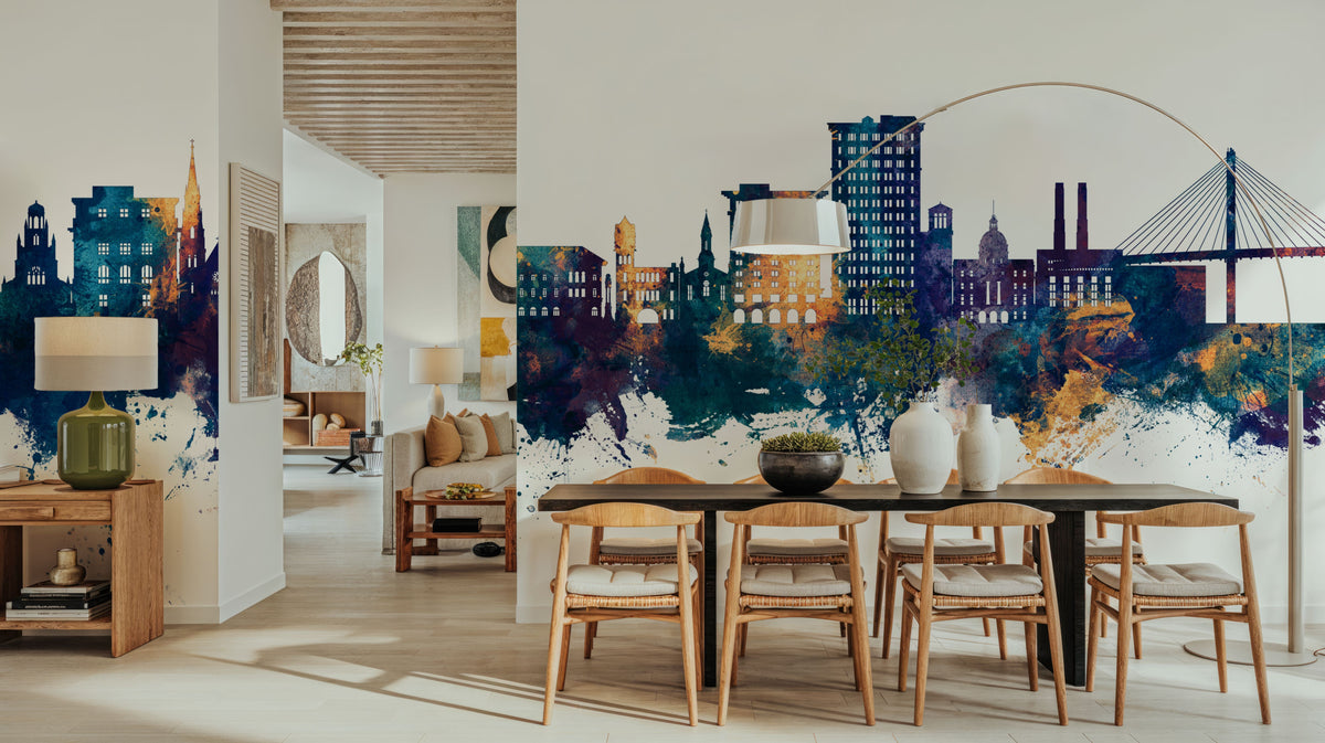 Savannah Georgia Skyline Blue & Bronze Mural Wallpaper - room preview 03