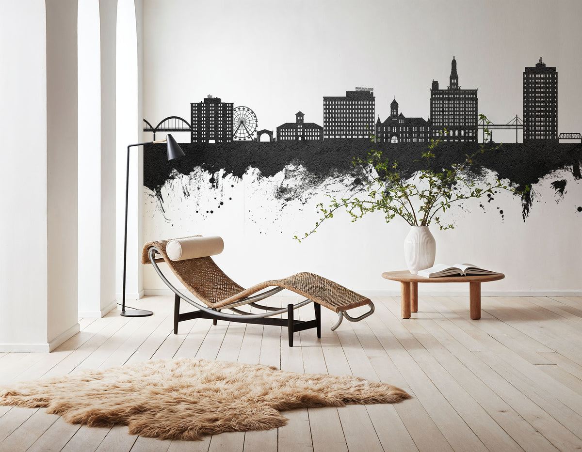 Davenport Iowa Skyline Black & White Mural Wallpaper - room preview 03