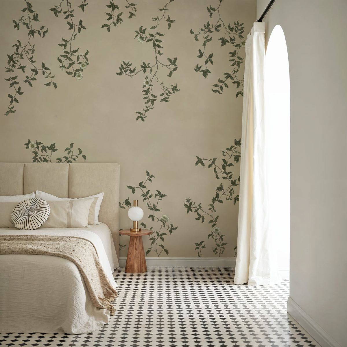 Rambling Rose, Ivory on Light Beige Mural Wallpaper - room preview 03