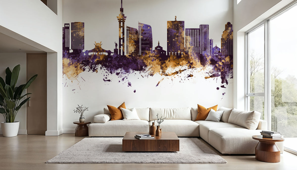 Kinshasa Skyline Purple & Gold Mural Wallpaper - room preview 03