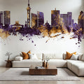 Kinshasa Skyline Purple & Gold Mural Wallpaper - room preview 03