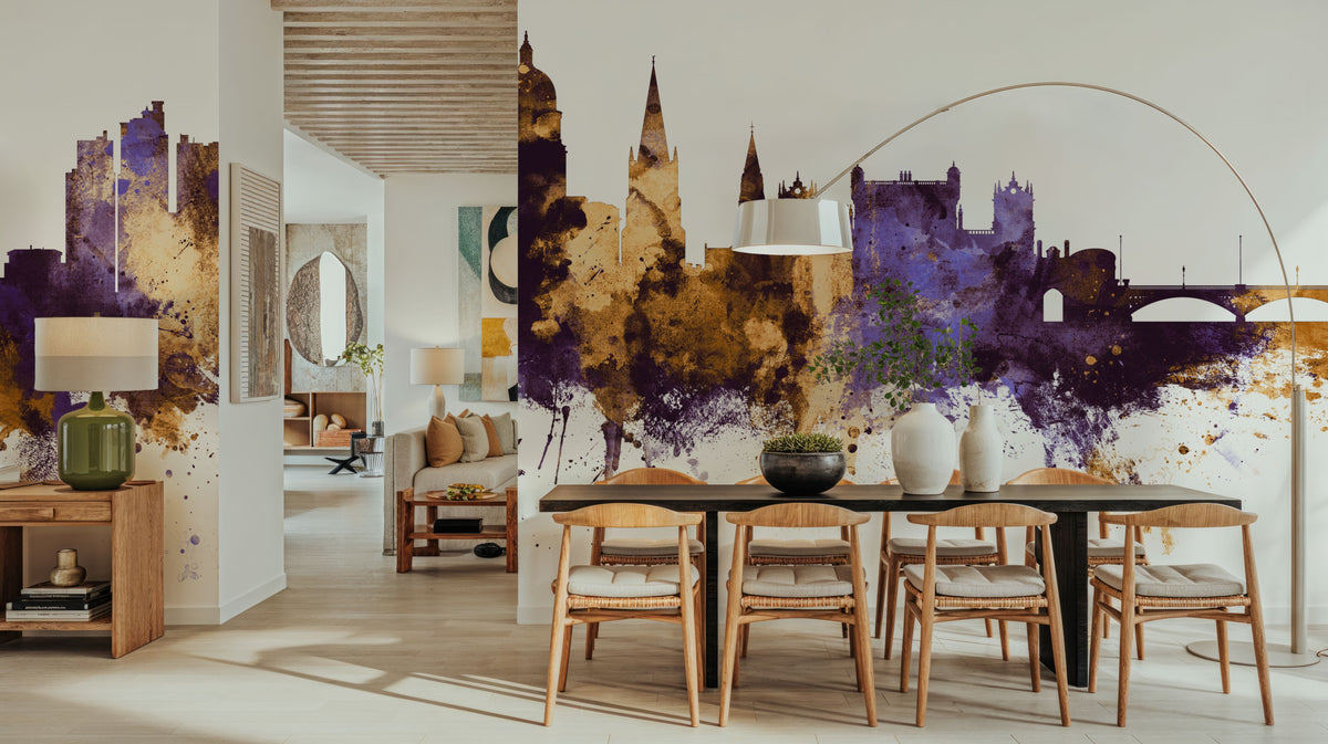 Nottingham England Skyline Purple & Gold Mural Wallpaper - room preview 03