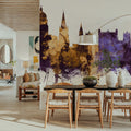 Nottingham England Skyline Purple & Gold Mural Wallpaper - room preview 03